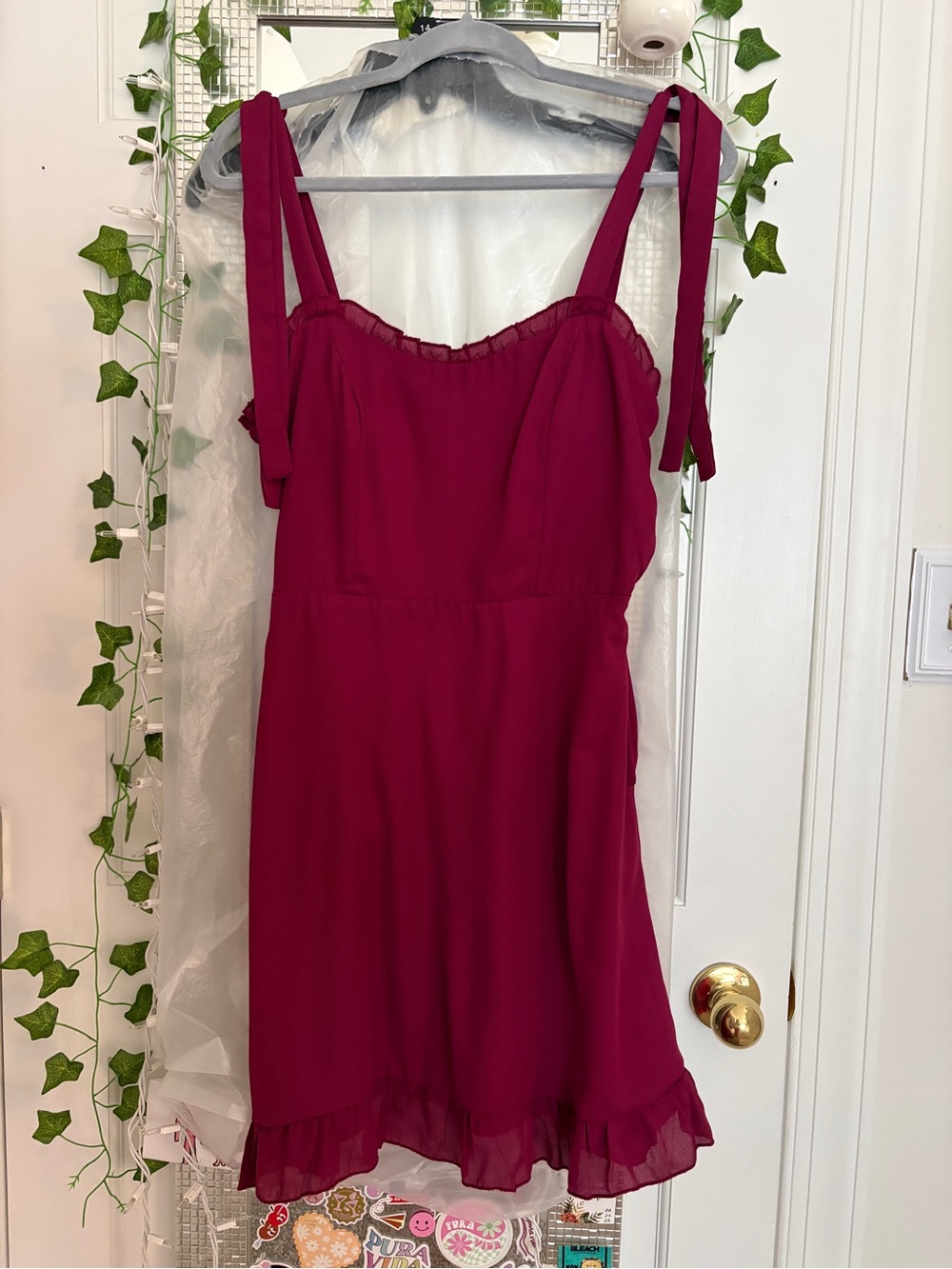 Listicle Berry Tie-Shoulder Ruffle Slip Dress